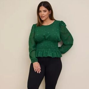 Torrid Green Chiffon Peplum Smocked Blouse Sz 3